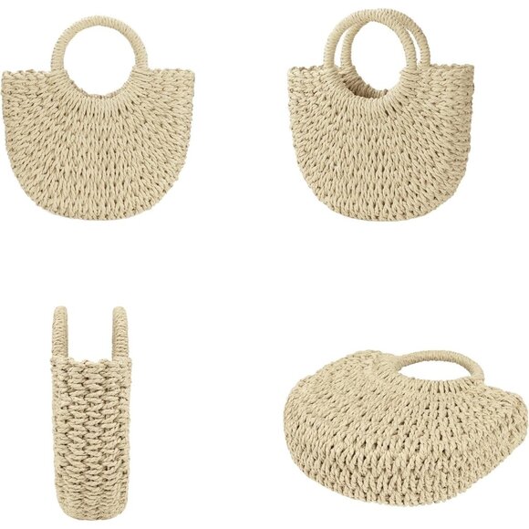 Women's Beige Straw Beach Woven Cross Body Shoulder Top Handle Satchel Handbag - Picture 3 of 7